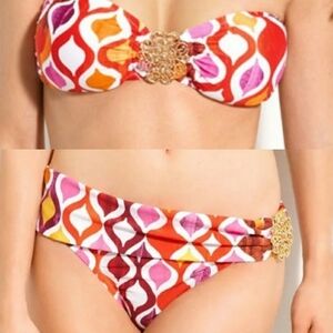 Trina Turk Ogee Pink Orange‎ Bikini Set 8/10 Medallion Bandeau Fold Over